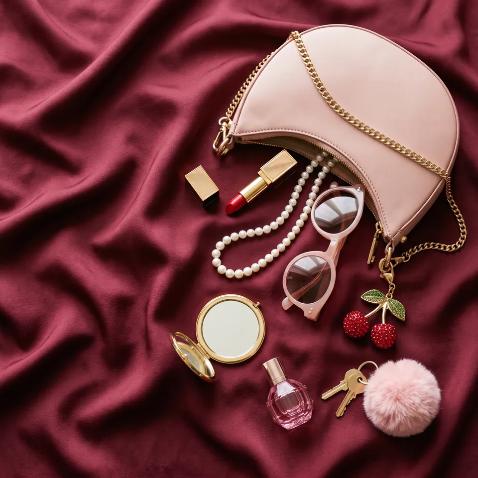 A blush crescent open on wine silk, with a gold lipstick, pearls, pink sunglasses, a compact, perfume, keys and a cherry charm beside it.